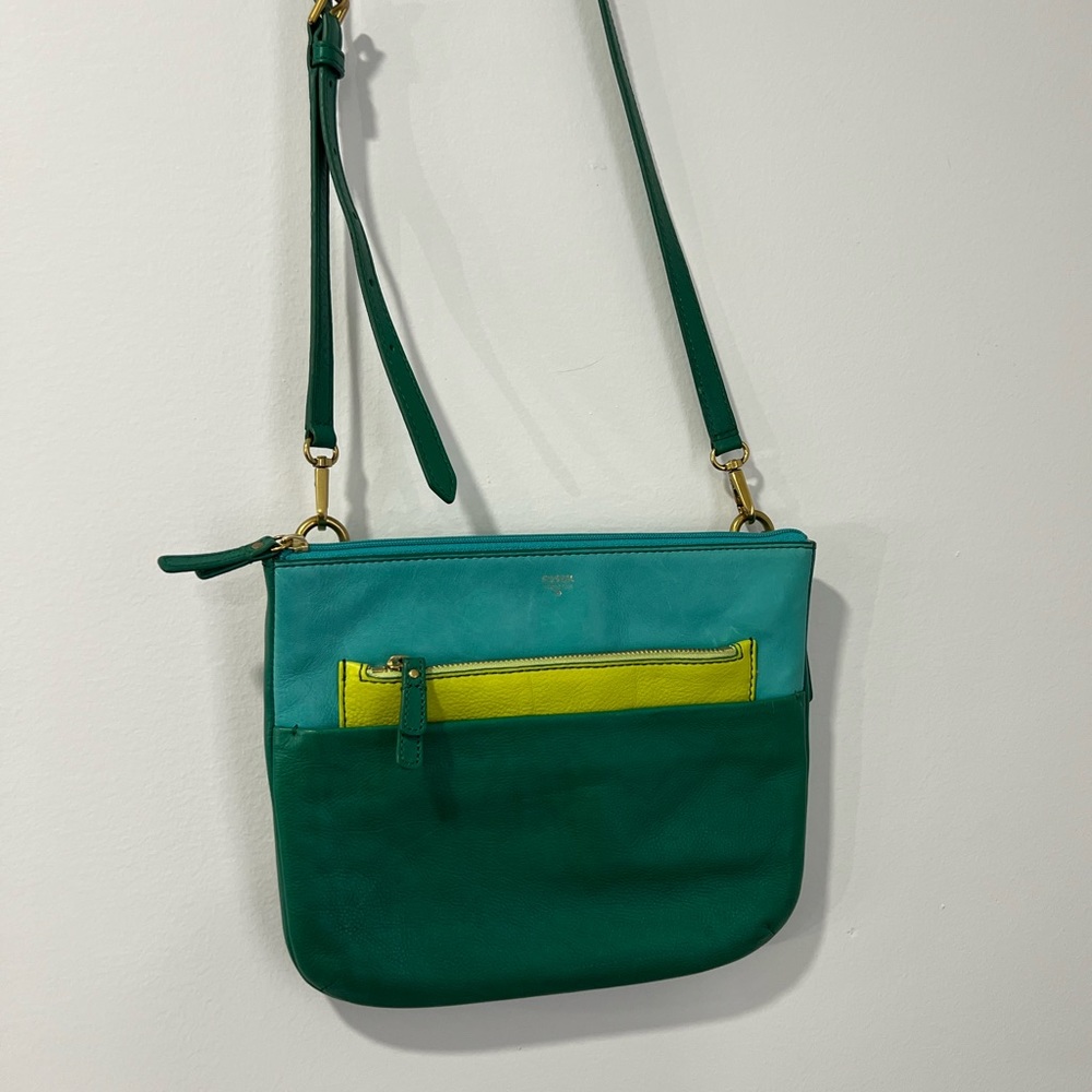 Fossil Leather Crossbody Bag Green Blue And Yellow